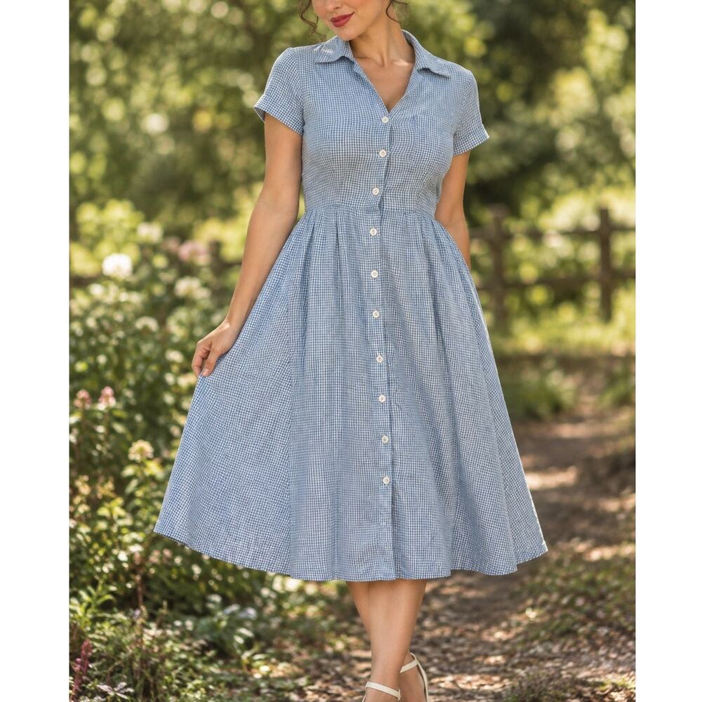 Vintage Retro Gingham Shirt Dress Button Down Checkered Plaid Picnic Women Large
